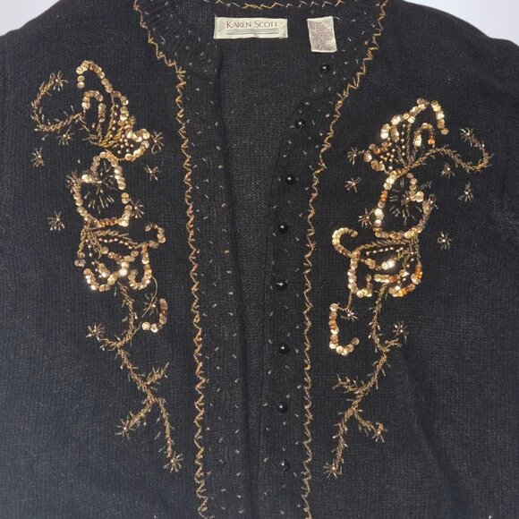 Karen Scott 90s Embellished Black & Gold Cardigan Sweater - Picture 5 of 6